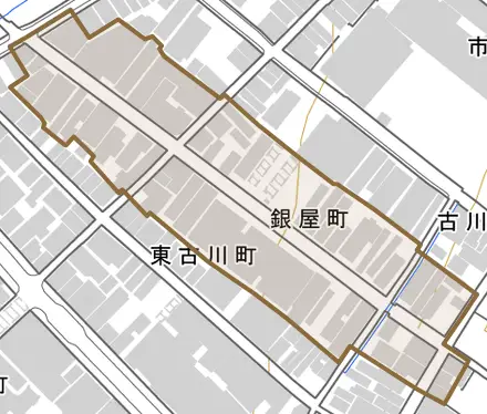 銀屋町とその周辺の地図。町の範囲を重ねている