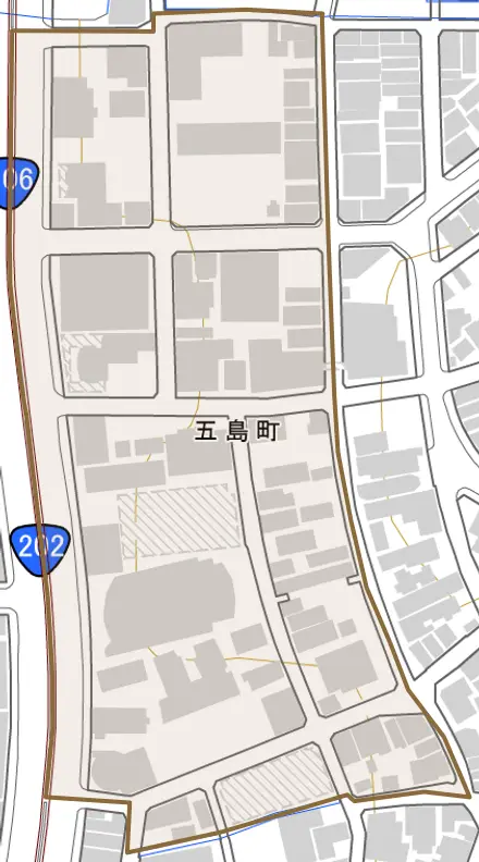 五島町とその周辺の地図。町の範囲を重ねている