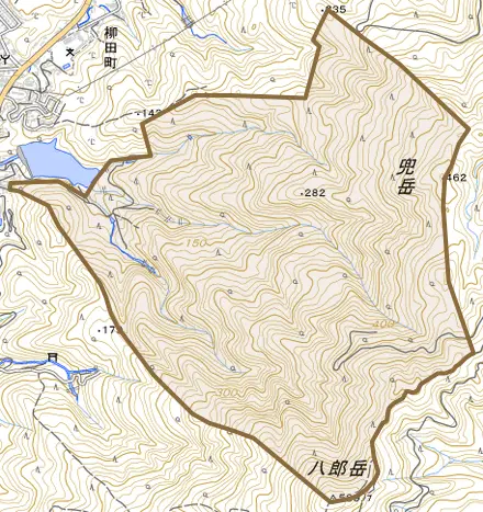 八郎岳町とその周辺の地図。町の範囲を重ねている