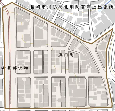 浜口町とその周辺の地図。町の範囲を重ねている