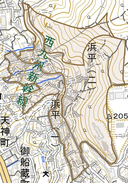 浜平とその周辺の地図。町の範囲を重ねている