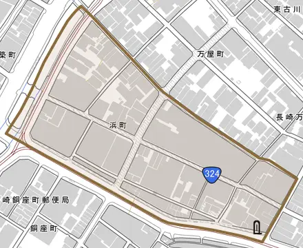 浜町とその周辺の地図。町の範囲を重ねている