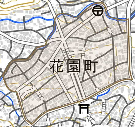 花園町とその周辺の地図。町の範囲を重ねている