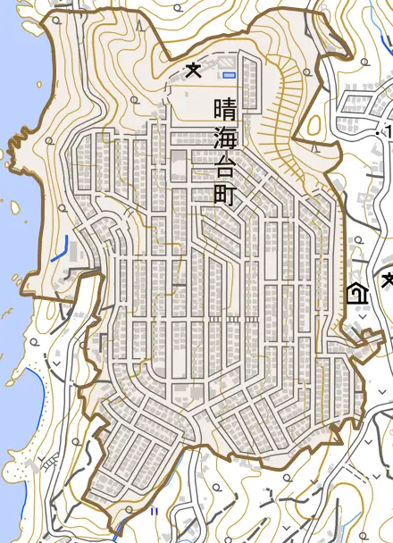 晴海台町とその周辺の地図。町の範囲を重ねている