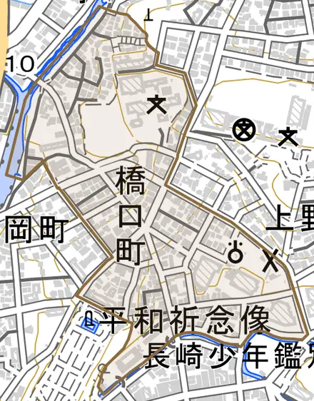 橋口町とその周辺の地図。町の範囲を重ねている