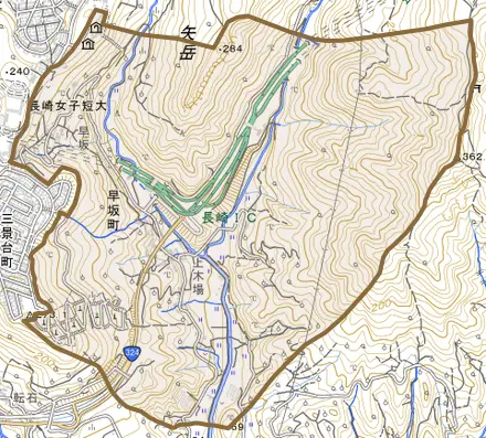 早坂町とその周辺の地図。町の範囲を重ねている