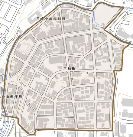 平和町とその周辺の地図。町の範囲を重ねている