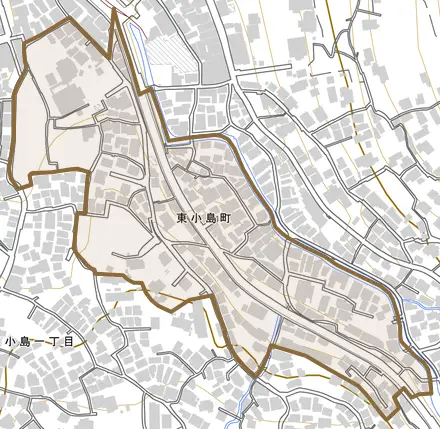 東小島町とその周辺の地図。町の範囲を重ねている