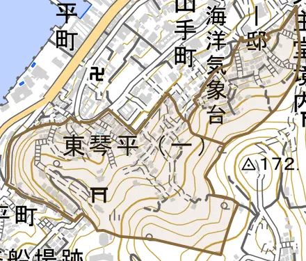 東琴平とその周辺の地図。町の範囲を重ねている