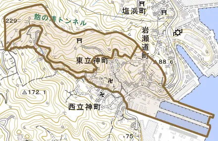 東立神町とその周辺の地図。町の範囲を重ねている