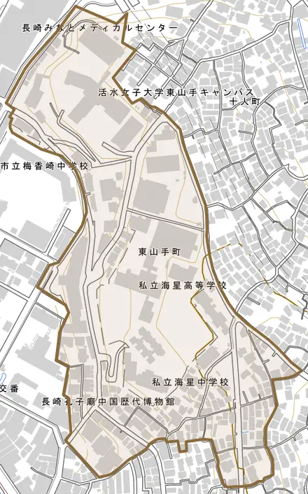 東山手町とその周辺の地図。町の範囲を重ねている