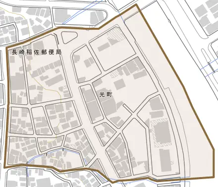 光町とその周辺の地図。町の範囲を重ねている