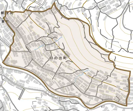 日の出町とその周辺の地図。町の範囲を重ねている