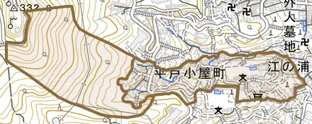 平戸小屋町とその周辺の地図。町の範囲を重ねている