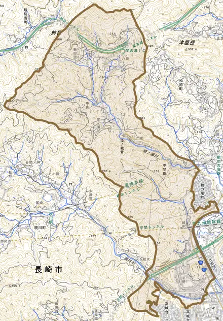 平間町とその周辺の地図。町の範囲を重ねている
