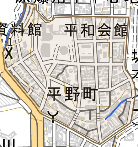 平野町とその周辺の地図。町の範囲を重ねている