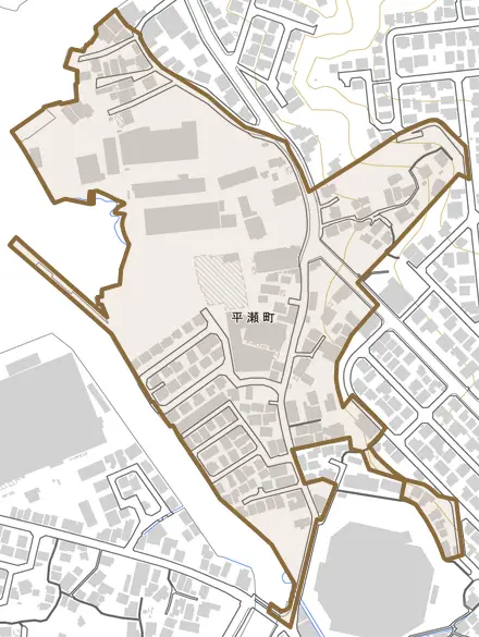 平瀬町とその周辺の地図。町の範囲を重ねている