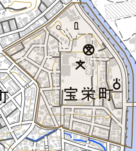 宝栄町とその周辺の地図。町の範囲を重ねている
