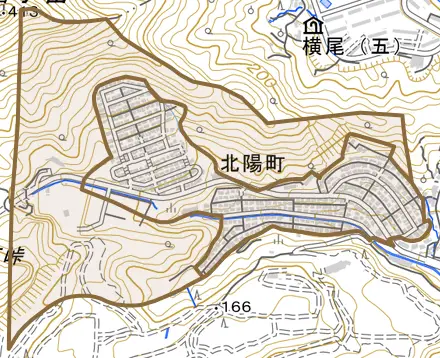 北陽町とその周辺の地図。町の範囲を重ねている