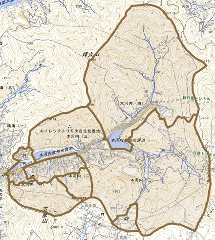 本河内とその周辺の地図。町の範囲を重ねている