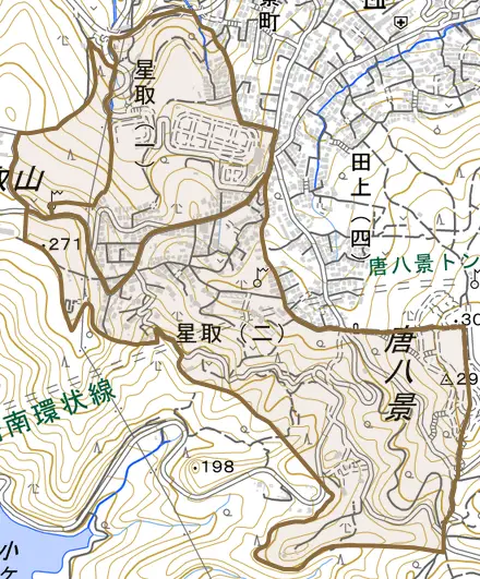 星取とその周辺の地図。町の範囲を重ねている