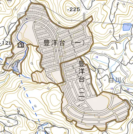 豊洋台とその周辺の地図。町の範囲を重ねている