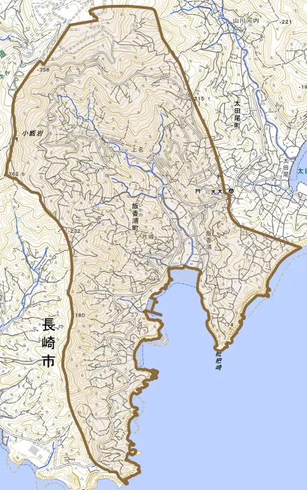 飯香浦町とその周辺の地図。町の範囲を重ねている