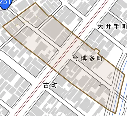 今博多町とその周辺の地図。町の範囲を重ねている
