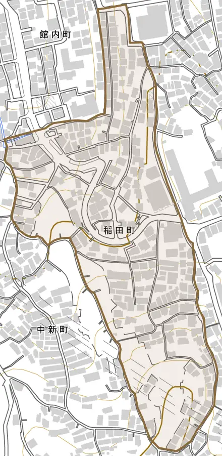 稲田町とその周辺の地図。町の範囲を重ねている