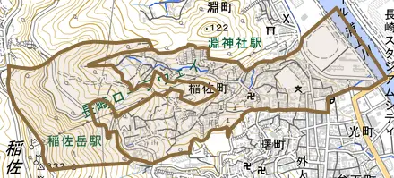 稲佐町とその周辺の地図。町の範囲を重ねている