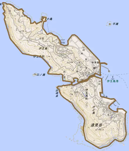 伊王島町とその周辺の地図。町の範囲を重ねている