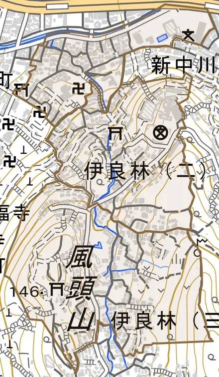 伊良林とその周辺の地図。町の範囲を重ねている