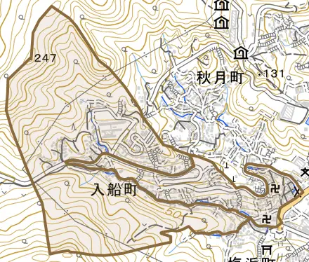 入船町とその周辺の地図。町の範囲を重ねている