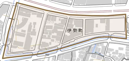 伊勢町とその周辺の地図。町の範囲を重ねている