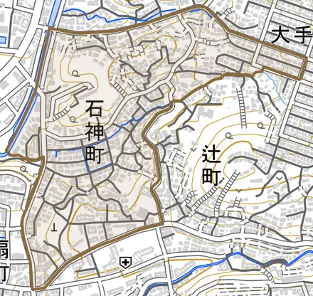 石神町とその周辺の地図。町の範囲を重ねている