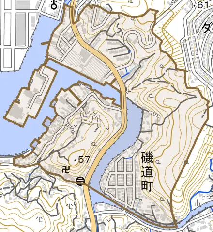 磯道町とその周辺の地図。町の範囲を重ねている