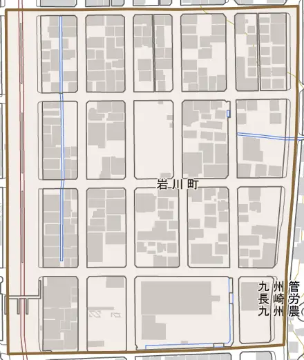 岩川町とその周辺の地図。町の範囲を重ねている