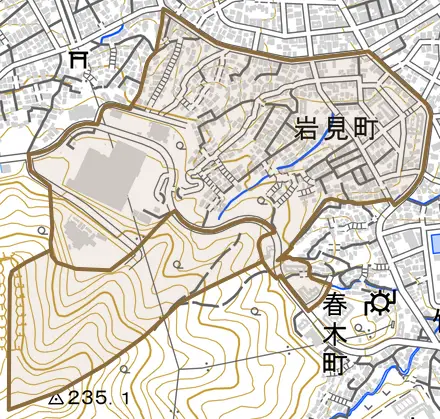 岩見町とその周辺の地図。町の範囲を重ねている