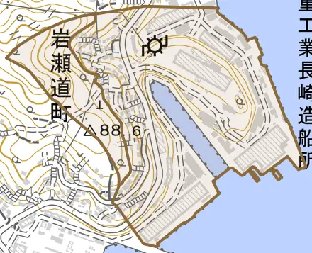 岩瀬道町とその周辺の地図。町の範囲を重ねている