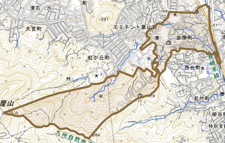 岩屋町とその周辺の地図。町の範囲を重ねている