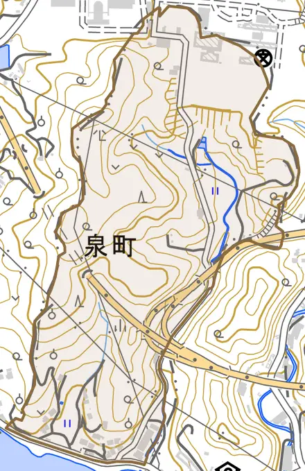 泉町とその周辺の地図。町の範囲を重ねている
