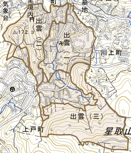 出雲とその周辺の地図。町の範囲を重ねている