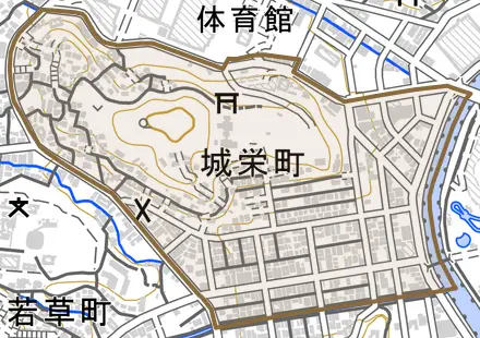 城栄町とその周辺の地図。町の範囲を重ねている