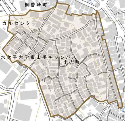 十人町とその周辺の地図。町の範囲を重ねている