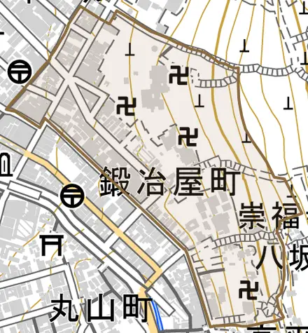 鍛冶屋町とその周辺の地図。町の範囲を重ねている