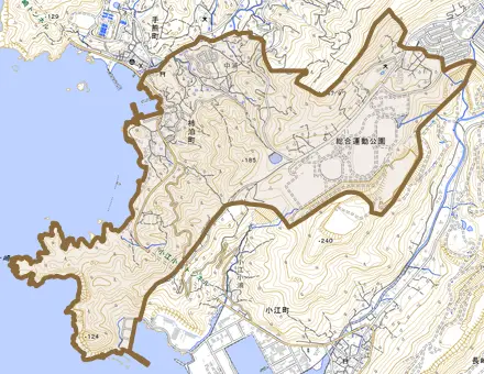 柿泊町とその周辺の地図。町の範囲を重ねている