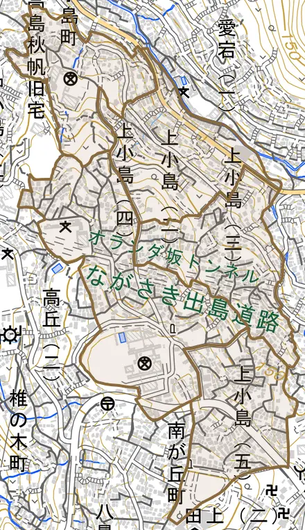 上小島とその周辺の地図。町の範囲を重ねている