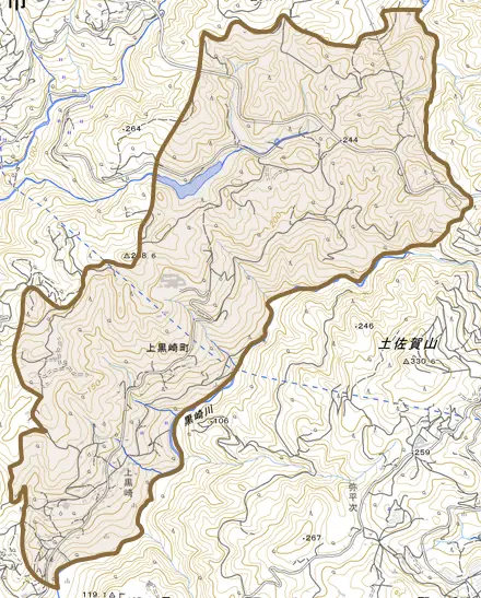 上黒崎町とその周辺の地図。町の範囲を重ねている