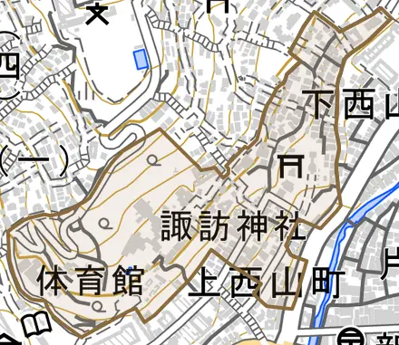 上西山町とその周辺の地図。町の範囲を重ねている