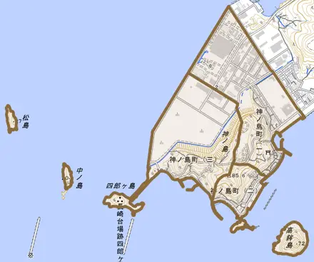 神ノ島町とその周辺の地図。町の範囲を重ねている